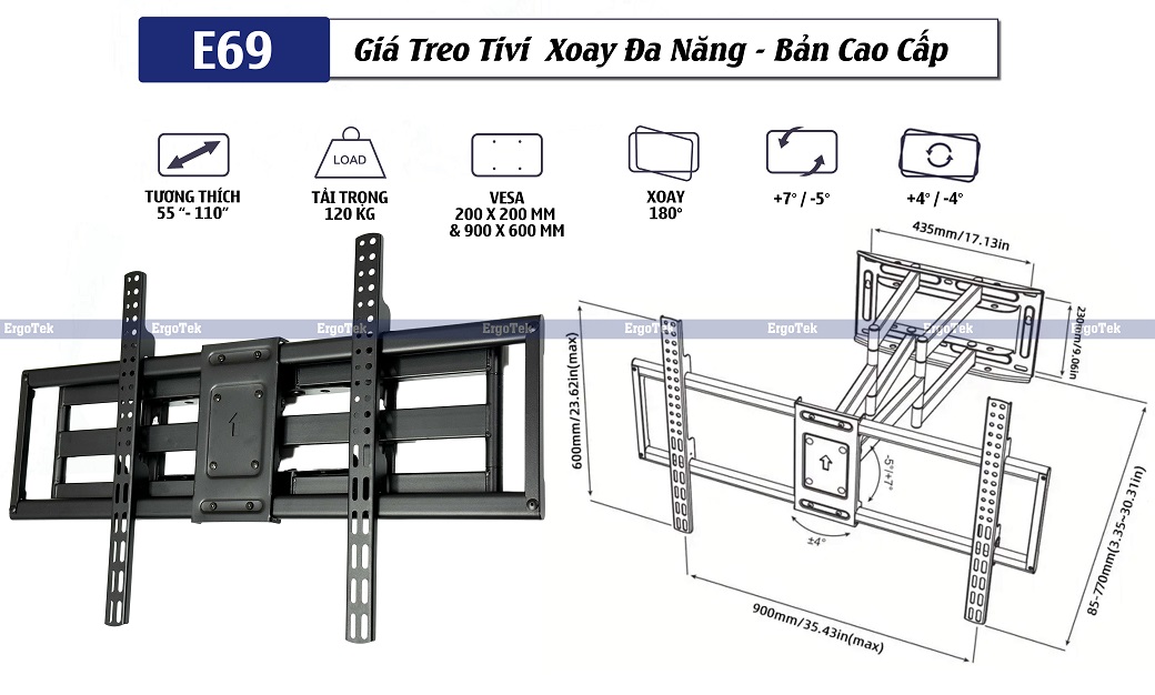 Thông số chi tiết của khung treo tivi đa năng ErgoTek P900: