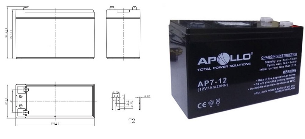 Thông số kích thước của Ắc quy kín khí APOLLO 12V-7Ah (AP7-12)