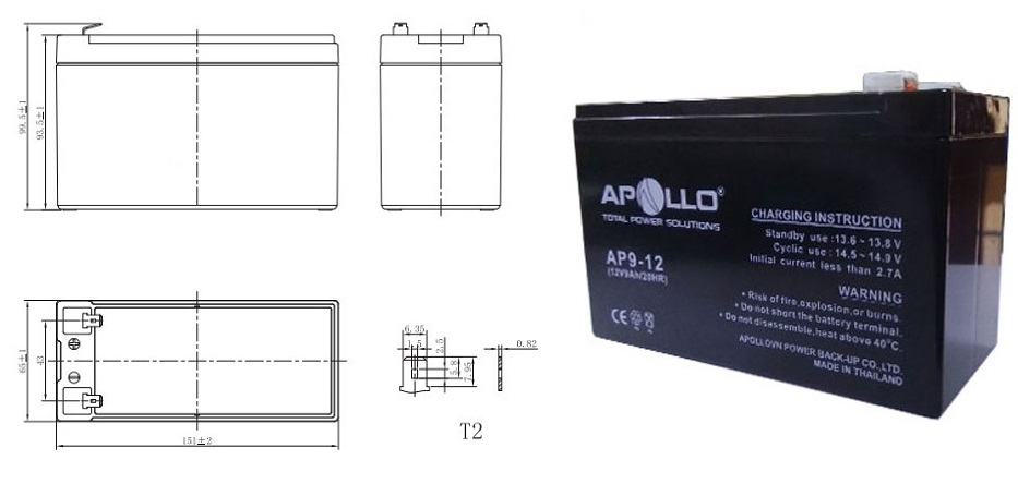 Thông số kích thước của Ắc quy kín khí APOLLO 12V-9Ah (AP9-12)