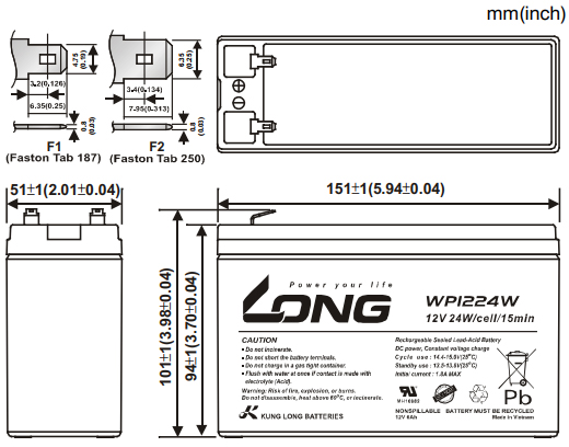 Thông số kích thước của Ắc quy kín khí Long 12V-6Ah (WP1224W)