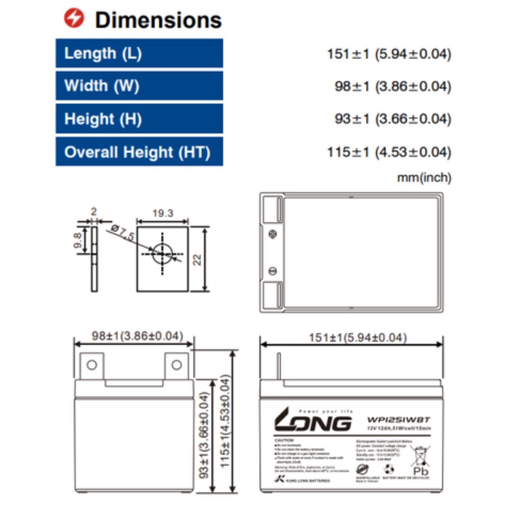 Kích thước vật lý của Ắc quy kín khí LONG WP1251WBT