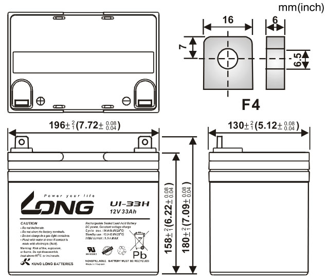 Thông số kích thước của Ắc quy kín khí Long 12V-33Ah (U1-33H)