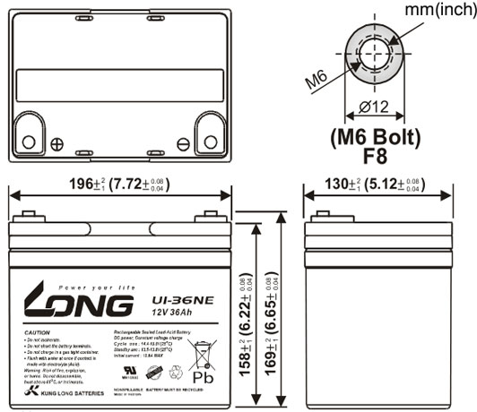 Thông số kích thước của Ắc quy kín khí Long 12V-36Ah (U1-36NE)