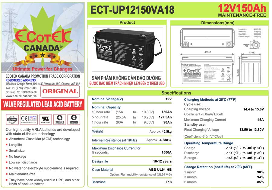Thông số kỹ thuật chi tiết của Ắc quy ECOTEK 12V-150Ah (ECT-UP12150VA18)