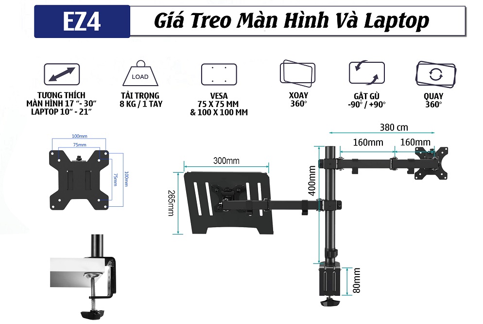 Thông số chi tiết của giá đỡ màn hình máy tính kèm giá đỡ laptop EZ4: