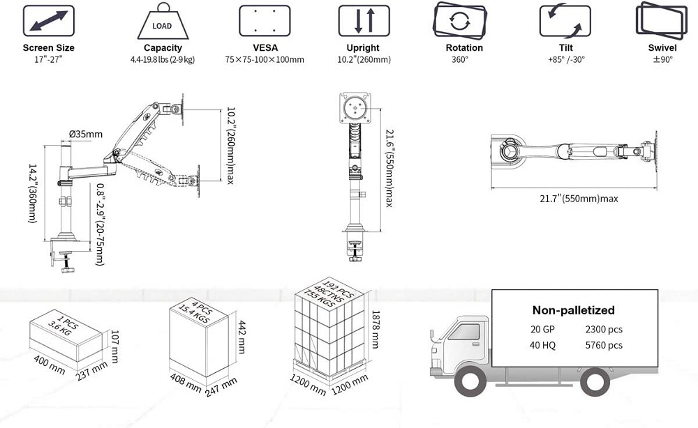 Thông số chi tiết của tay nâng màn hình máy tính NB H80