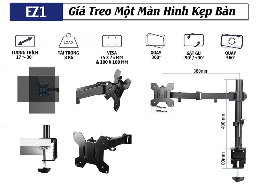 Thông số kỹ thuật chi tiết của gia treo màn hình PC Ergotek EZ1