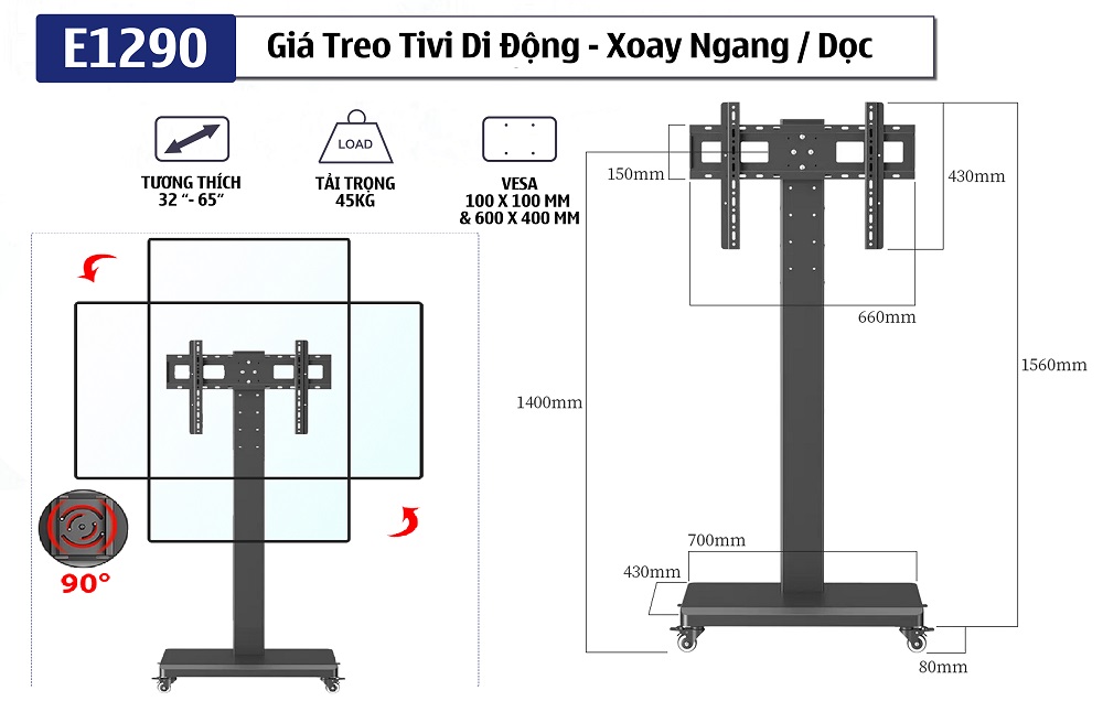 Thông số kỹ thuật chi tiết của giá treo tivi E1290