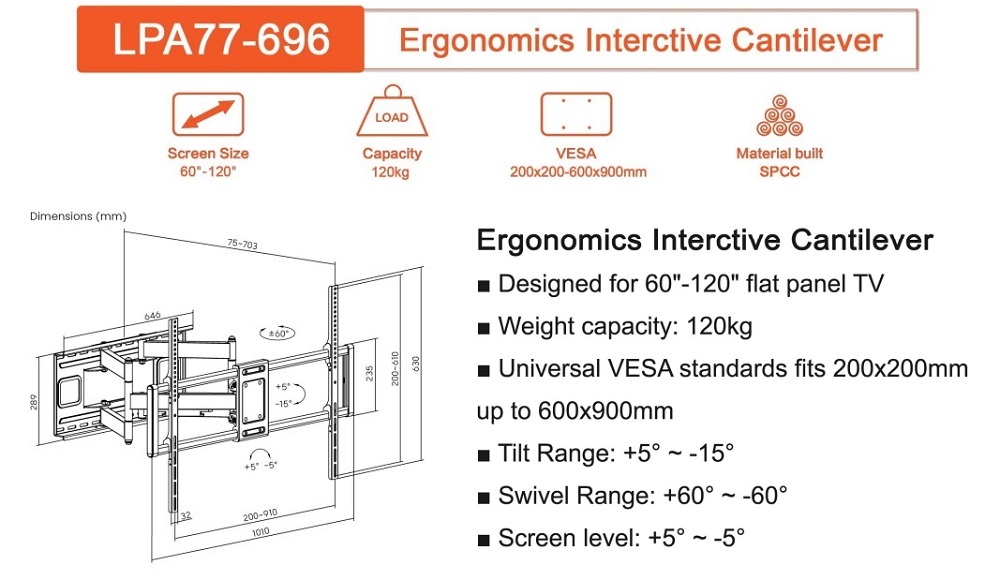 Hình ảnh thông số kỹ thuật chi tiết của Giá treo tivi đa năng Brateck LPA77-696 60 - 120 inch:
