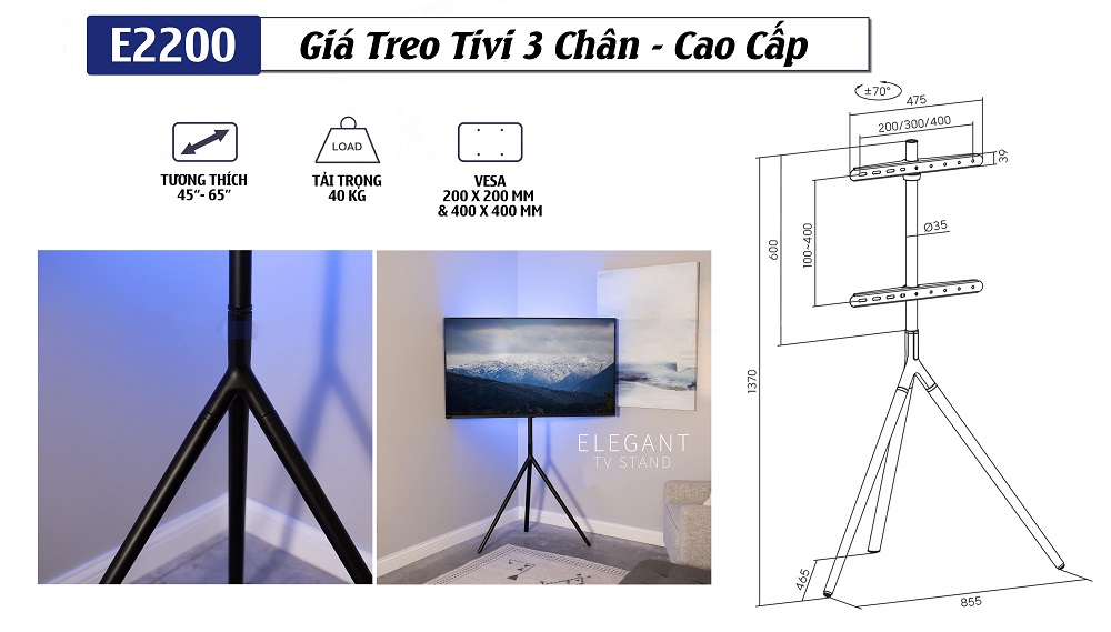 Thông số Giá treo tivi di động 3 chân đứng E2200 45 - 65 inch