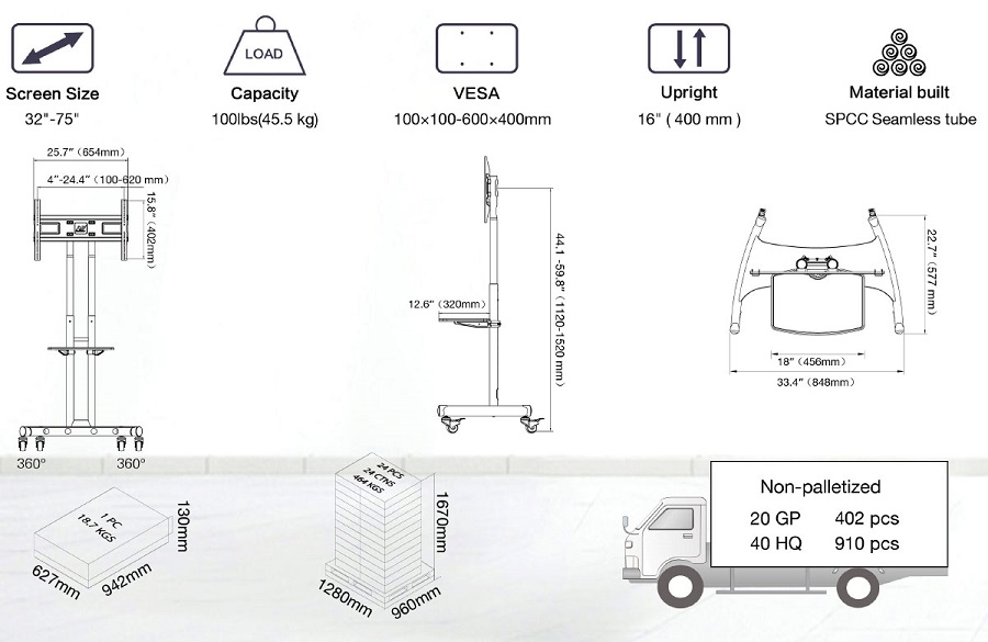 Thông số chi tiết của giá treo tivi di động NB AVA1500