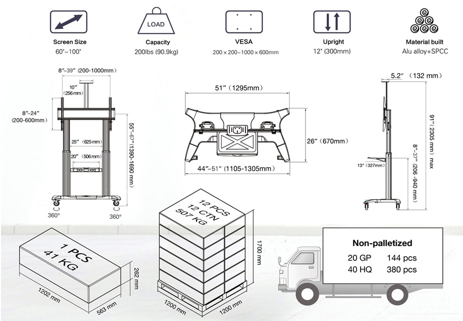 Chi tiết thông số khung treo tivi di động NB CF100