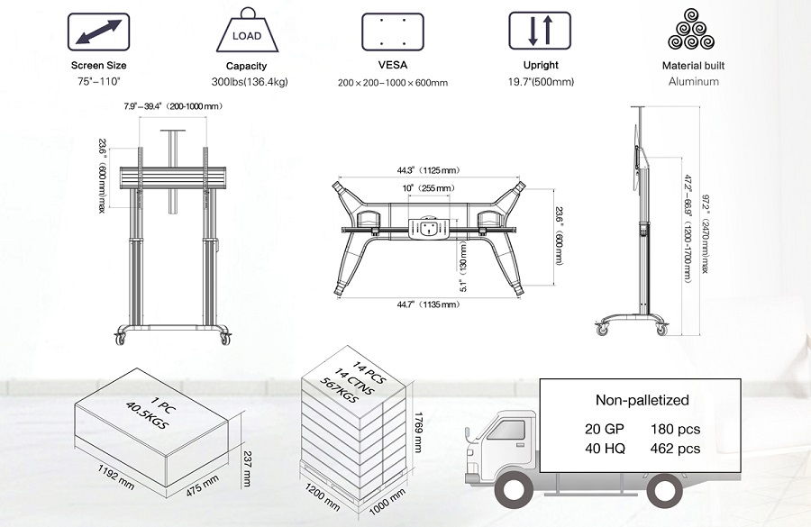 Thông số chi tiết sản phẩm giá treo tivi di động NB TW100 75 - 110inch