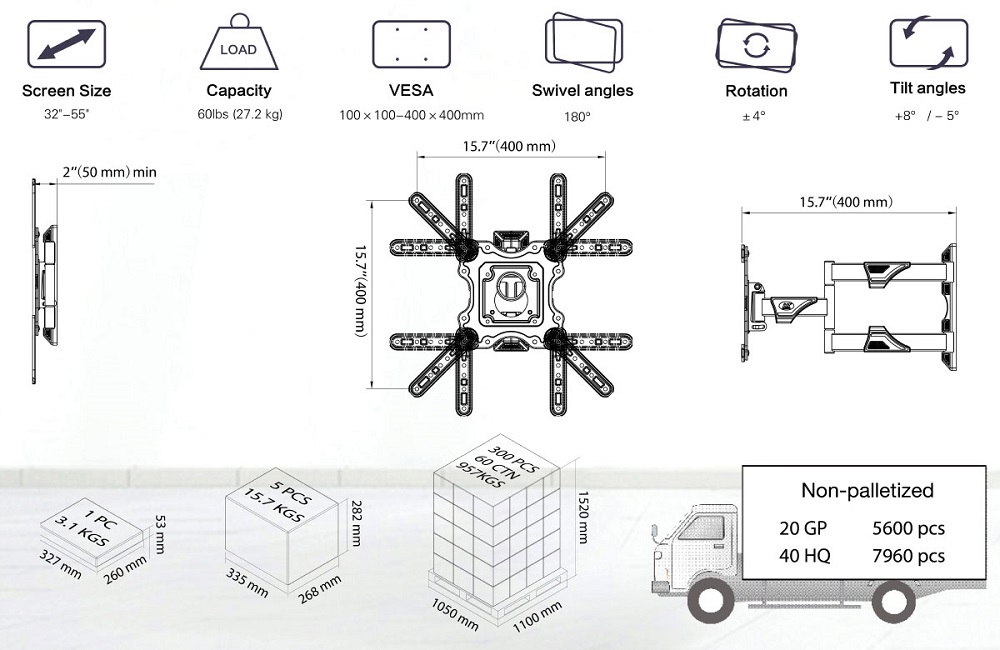 Thông số chi tiết của khung treo tivi đa năng NB P4