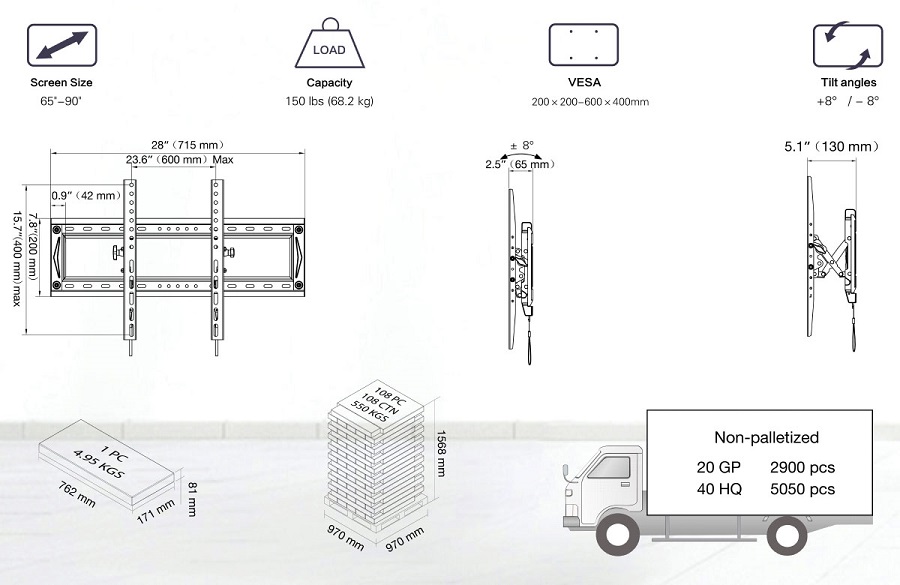 Thông số chi tiết của khung treo tivi nghiêng gật gù NB DF80-T