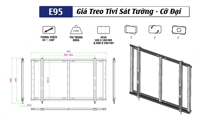 Thông số chi tiết của Giá treo tivi sát tường cỡ lớn Ergotek E95 65 - 100 inch