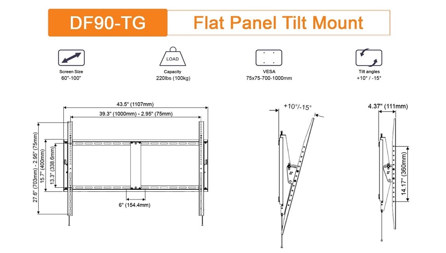 Hình ảnh thông số chi tiết sản phẩm khung treo tivi sát tường DF90-TG