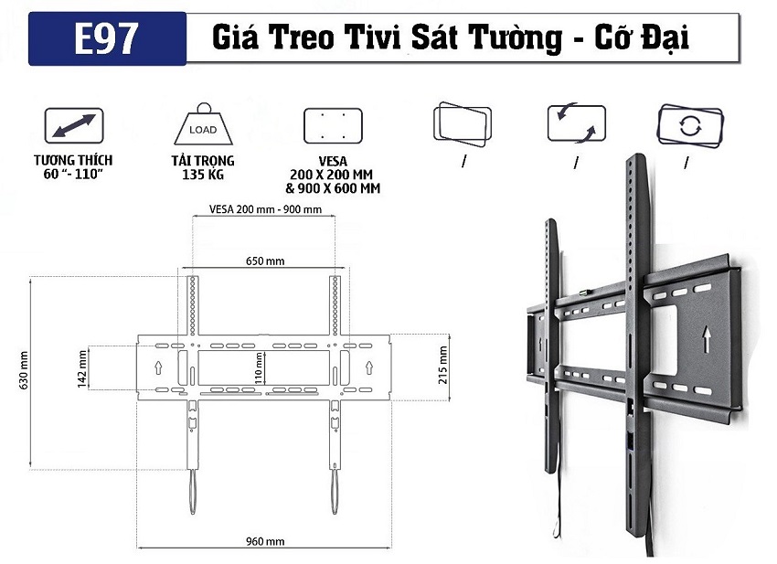 thông số chi tiết sản phẩm khung treo tivi sát tường Ergotek E97