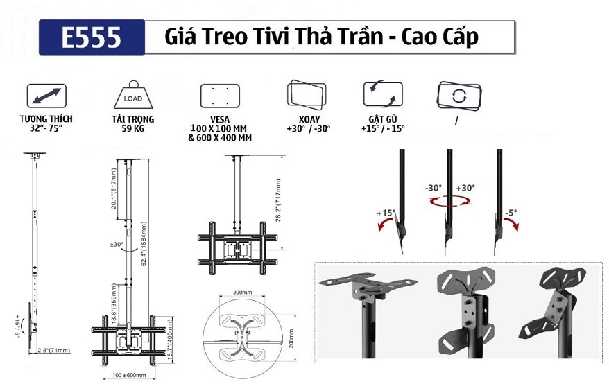 Thông số chi tiết sản phẩm giá treo tivi ngược trần E555 32 -75 inch