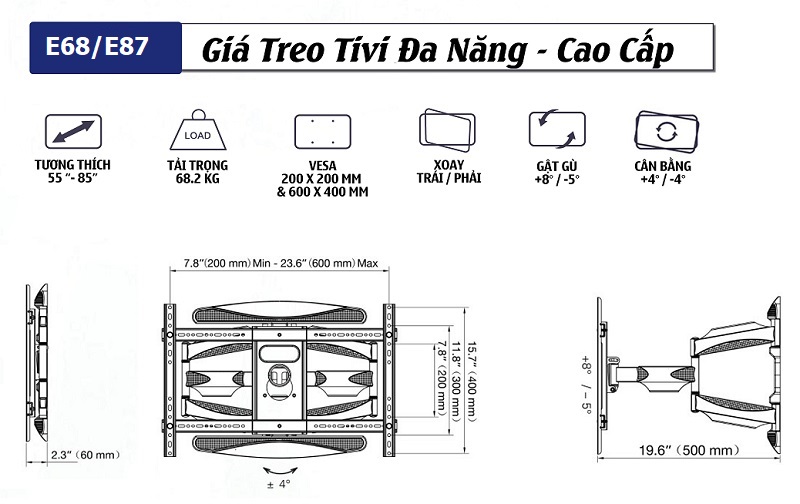 Thông số chi tiết của khung treo tivi đa năng Ergotek E68/E87