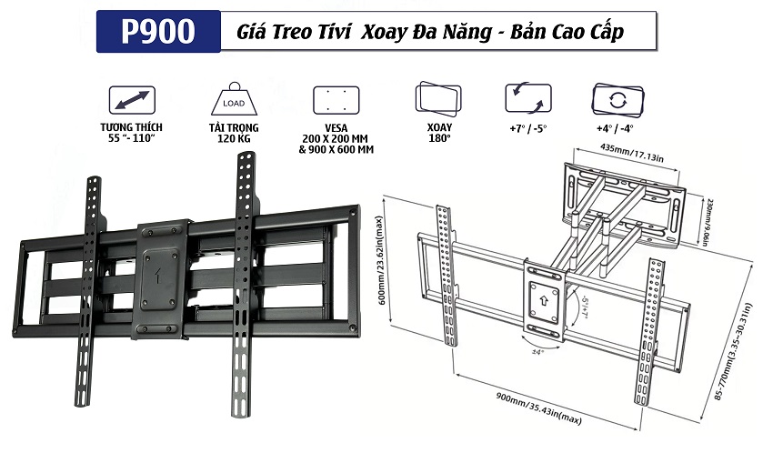 Thông số chi tiết của khung treo tivi đa năng ErgoTek P900: