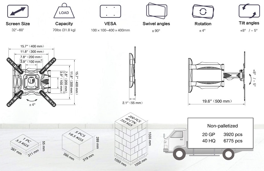 Thông số chi tiết của giá treo tivi đa năng NB P40