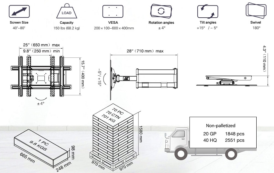 Thông số chi tiết của Giá Treo Tivi Xoay Vuông Góc NB SP2 40 - 80 Inch