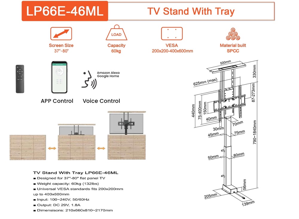 Thông số của Chân TV nâng hạ điện Brateck LP66E-46ML