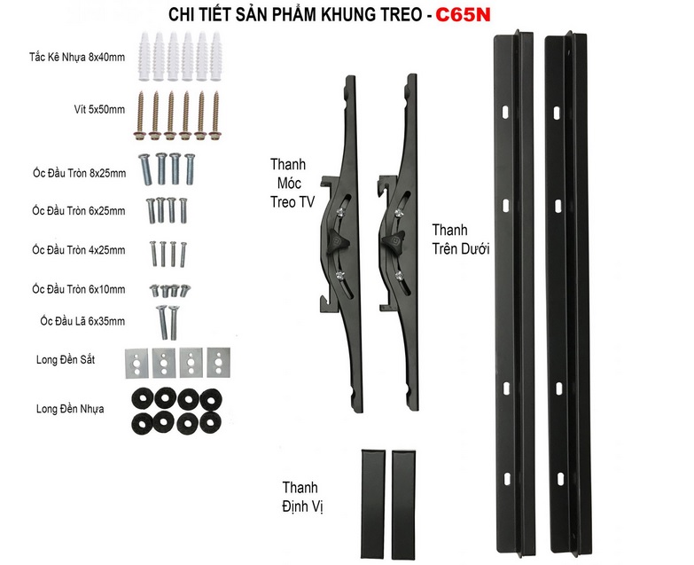 Trọn bộ sản phẩm giá treo tivi nghiêng gật gù C65N