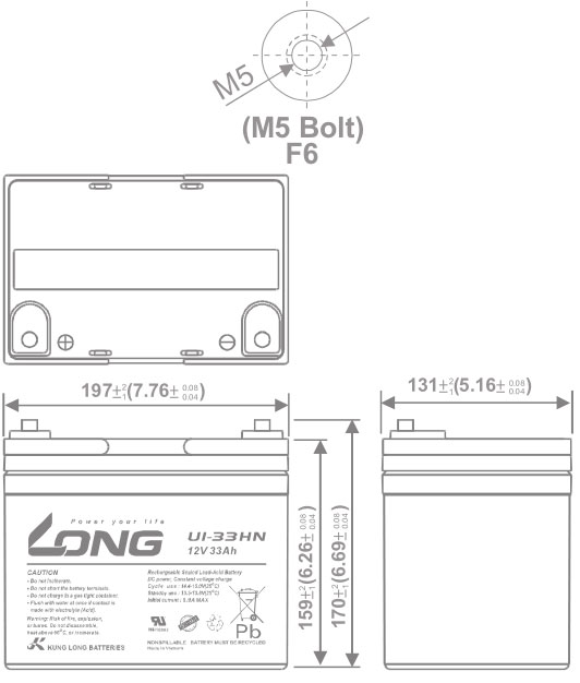 Thông số kích thước của Ắc quy kín khí Long 12V-33Ah (U1-33HN)