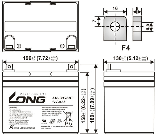 Thông số kích thước của Ắc quy kín khí Long 12V-36Ah (U1-36HE)