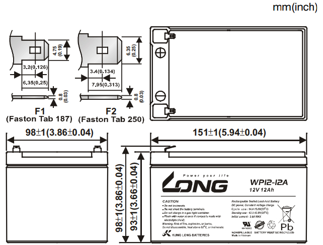 Thông số kích thước của Ắc quy kín khí (VRLA AGM) LONG 12V-12Ah (WP12-12A)