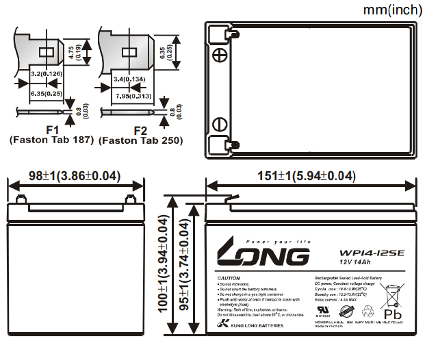 Thông số kích thước của Ắc quy kín khí (VRLA AGM) LONG 12V-14Ah (WP14-12SE)