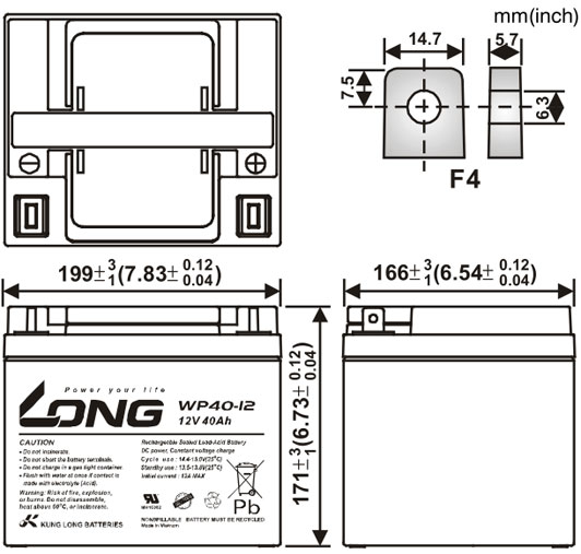 Thông số kích thước của Ắc quy kín khí Long 12V-40Ah (WP40-12)