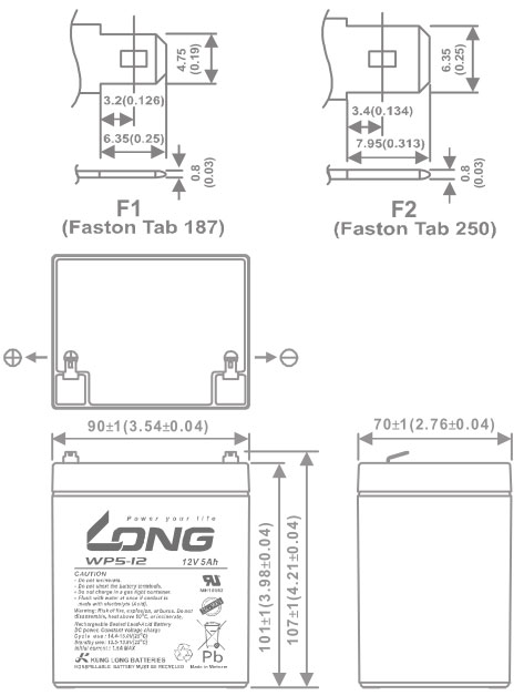 Thông số kích thước của Ắc quy kín khí Long 12V-5Ah (WP5-12)