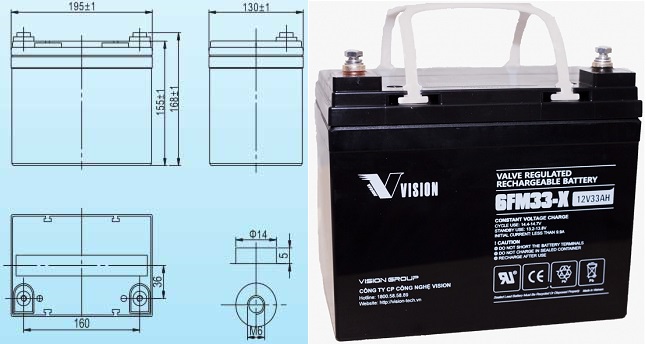 kích thước ắc quy Vision 6FM33-X