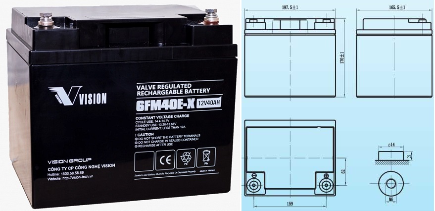 kích thước ắc quy Vision 6FM40E-X