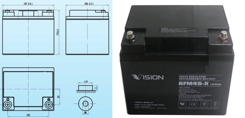 kích thước ắc quy Vision 6FM45-X