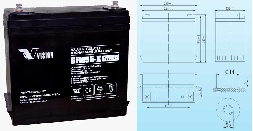 kích thước ắc quy Vision 6FM55-X