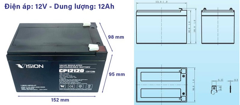 kích thước ắc quy Vision CP12120