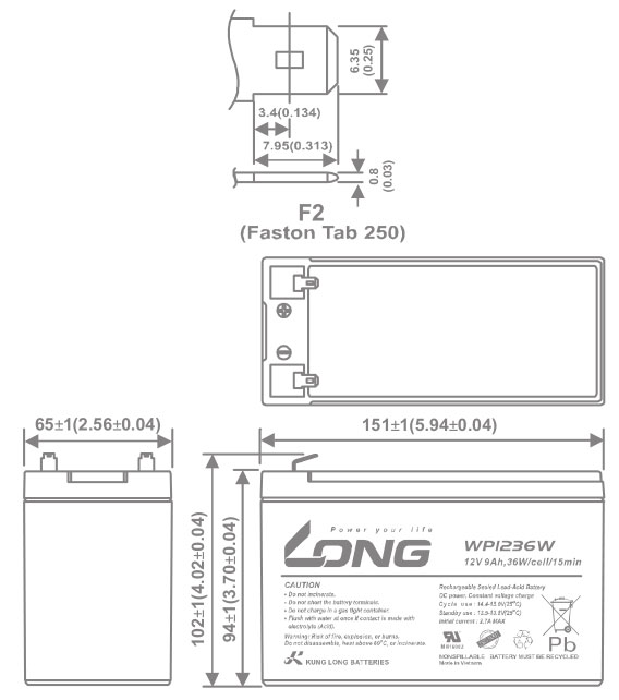 Thông số kích thước của Ắc quy kín khí Long 12V-9Ah (WP1236)