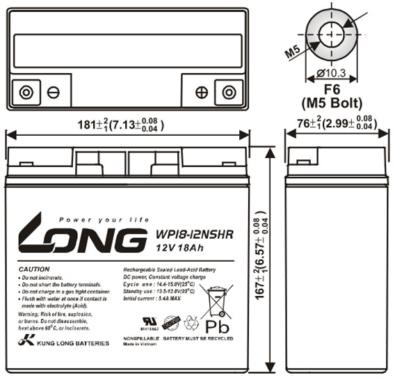 Thông số kích thước của Ắc quy kín khí Long 12V-18Ah (WP18-12NSHR)