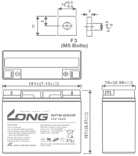 Thông số kích thước của Ắc quy kín khí Long 12V-18Ah (WP18-12SHR)