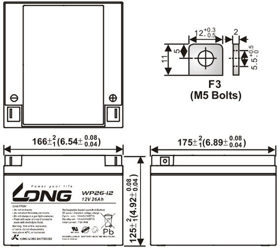 Thông số kích thước của Ắc quy kín khí Long 12V-26Ah (WP26-12)