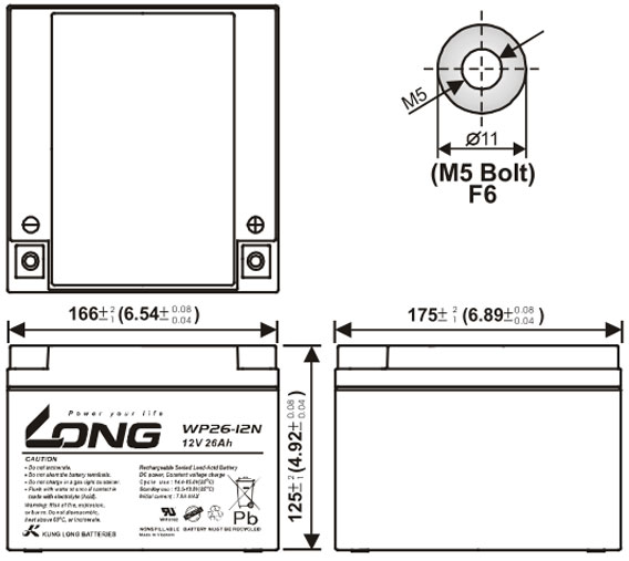 Thông số kích thước của Ắc quy kín khí Long 12V-26Ah (WP26-12N)