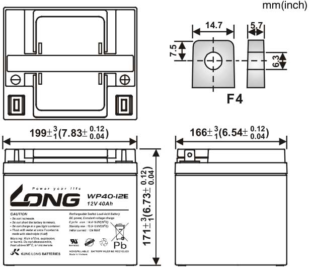 Thông số kích thước của Ắc quy kín khí Long 12V-40Ah (WP40-12E)