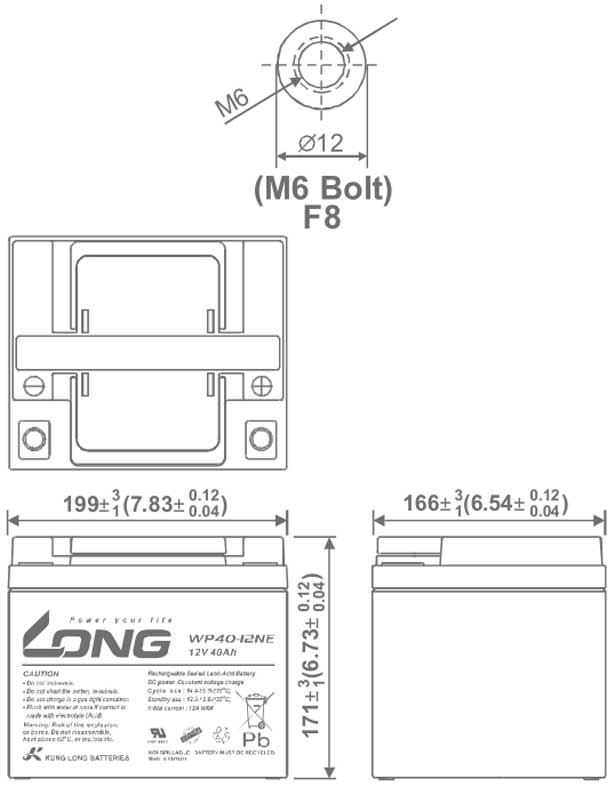 Thông số kích thước của Ắc quy kín khí Long 12V-40Ah (WP40-12NE)