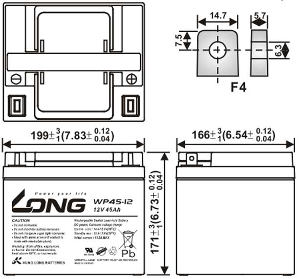 Thông số kích thước củaẮc quy kín khí Long 12V-45Ah (WP45-12)