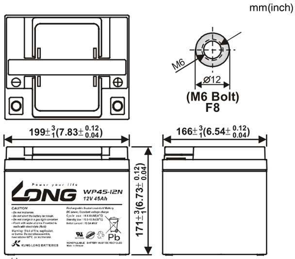 Thông số kích thước của Ắc quy kín khí Long 12V-45Ah (WP45-12N)