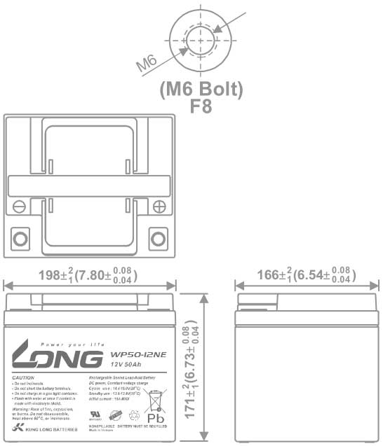 Thông số kích thước của Ắc quy kín khí Long 12V-50Ah (WP50-12NE)